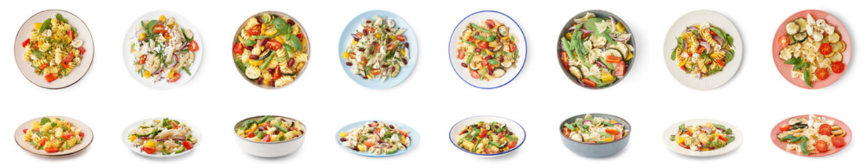Collage of tasty pasta salads on white background