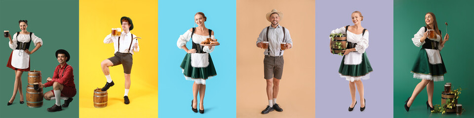 Collage of people in traditional German clothes, with beer and snacks on color background