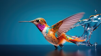 Naklejka premium a colorful hummingbird flying next to a blue liquid drop. generative ai