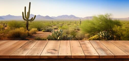 Empty rustic old wooden boards table copy space with cactus growing in desert landscape background. Product display template. Generative AI