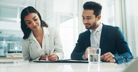 Contract, deal and business people and partnership and sign agreement in office. Partnership,...