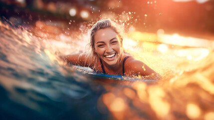 Happy surfer girl paddling on surfboard in blue ocean on sunset. In motion summer. 