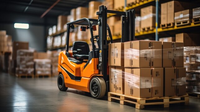 forklift truck in warehouse. Large retail warehouse full of merchandise shelves, cartons and packaging on pallets. Logistics and distribution center for product delivery. 