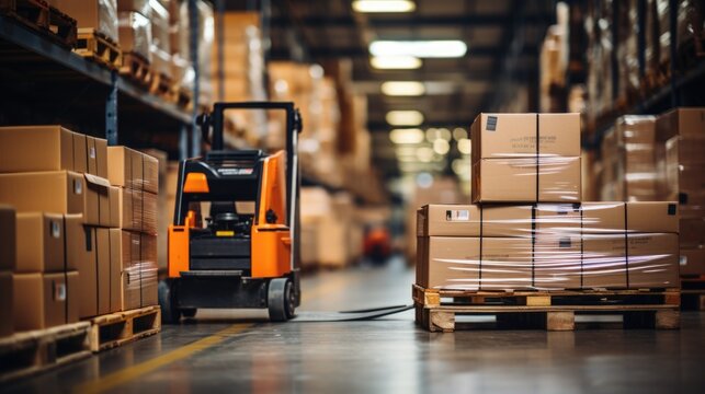 Forklift Truck In Warehouse. Large Retail Warehouse Full Of Merchandise Shelves, Cartons And Packaging On Pallets. Logistics And Distribution Center For Product Delivery. 