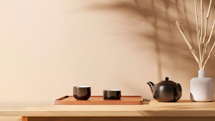 Sideboard with decorative objects and plants, interior decoration, back ground, teapot, cups