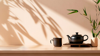 Sideboard with decorative objects and plants, interior decoration, back ground, teapot, cups
