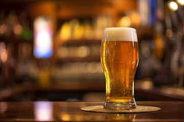 Fototapeta na wymiar A glass of beer on a wooden bar table
