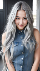 Beautiful asian woman with long silver hair, dressed in casual clothes