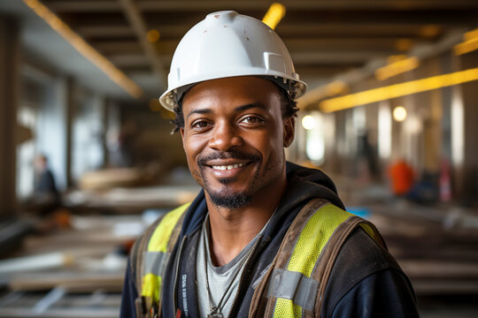 African american man in safety helmet working in workshop.  - Powered by Adobe