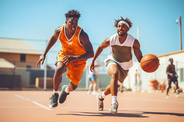 Two African American street basketball players having training outdoor. 