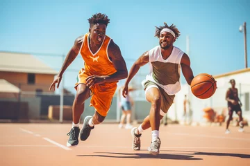 Fotobehang Two African American street basketball players having training outdoor.  © colnihko