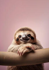Fototapeta premium Cute sloth with happy positive smiling expression. Copy space above. Generative AI