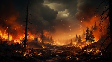 "Nature's Fury Unleashed: Dramatic visuals portraying the untamed power of forest fires as they engulf areas in flames. 