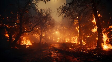 "Nature's Fury Unleashed: Dramatic visuals portraying the untamed power of forest fires as they engulf areas in flames. 