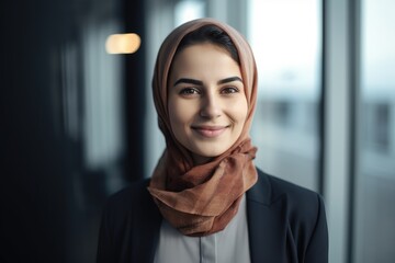 Middle aged arab businesswoman with a hijab smiling in a modern office