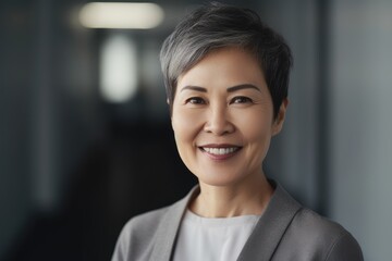 Fototapeta premium Middle aged asian businesswoman with short hair smiling and looking at camera in office