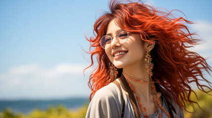 草原で微笑む赤い髪の日本人女性