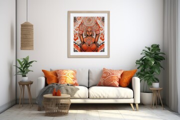 Boho interior style, specifically a wall mockup featuring wall art, is showcased through a rendering and illustration.