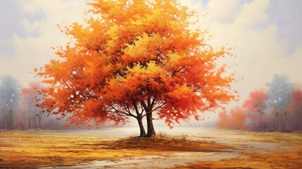 Naklejka na ściany i meble a painting of a tree in a field with a sky background. generative ai