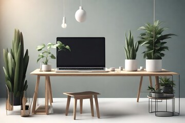 A minimalist and modern desk setup with a laptop and plants