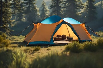 Outdoor camping photo. tent in the middle of nature, a beautiful landscape. natural, protected area