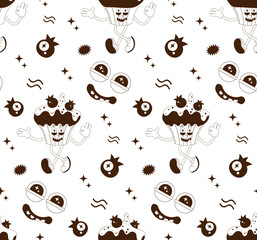 Seamless pattern of psychedelic cartoon stickers. Modern art sweets, cake, ice cream, muffin, pancake, donut. Funny faces with distorted eyes. Monochrome palette. Line art.