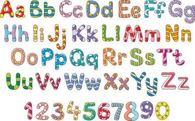 Funny kids font with colorful English alphabet and numbers, a vector set of letters and numerals isolated on a white background