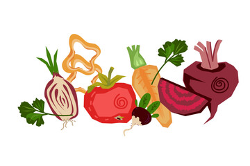 Harvest of vegetables and plants, hand drawn vector illustration isolated on white background. Cropped vegetables composition for print and textile.