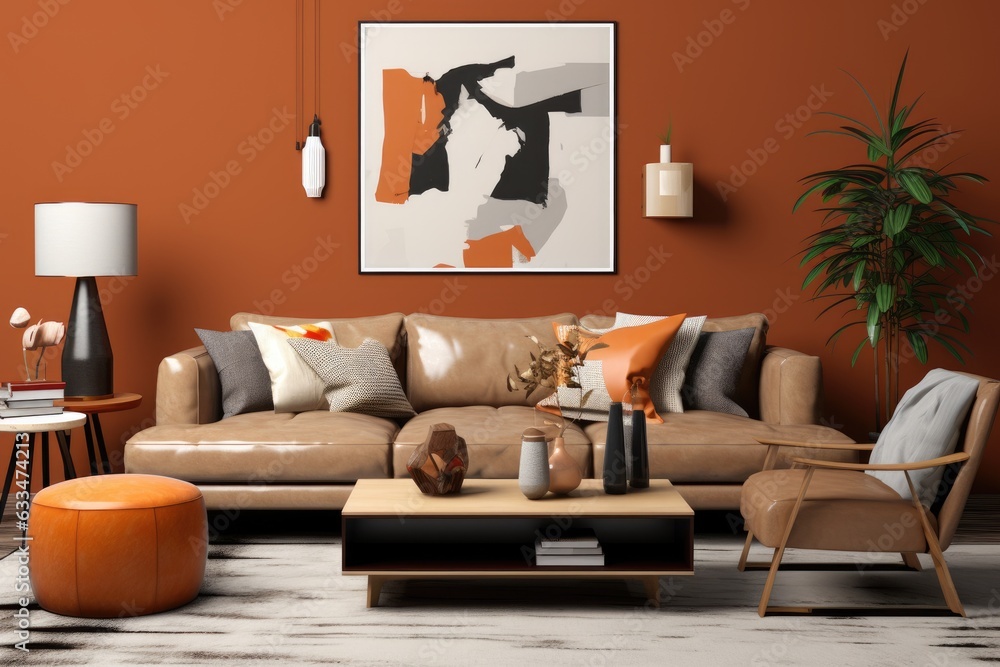 Canvas Prints A contemporary living room design with a simulated poster frame, a brown sofa, a beige coffee table, decorative items, an orange pillow, and personal accessories. This is a home decor template.