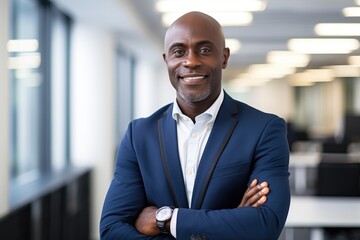 Fototapeta premium Portait of a middle aged businessman of african ethnicity in an office looking at camera