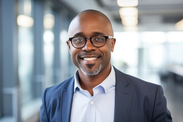 Fototapeta premium Portait of a middle aged businessman of african ethnicity in an office looking at camera