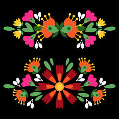 Bright floral Mexican embroidery on a black background