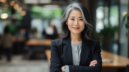 Japanese business woman 40-50 years old closeup in the office, generative ai