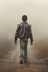 young African american boy walking down a dirt foggy path. rural fantasy landscape. 