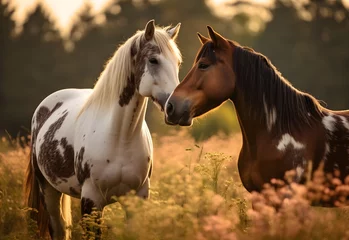 Fotobehang Portrait of two beautiful horses touching noses, lovely, on a natural green farm background, forest, sunlight, AI Generated © Vladislava