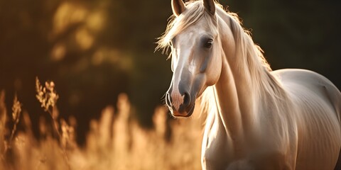 Portrait of beautiful white Arabian horse on a natural green farm background, sunlight, golden hour, AI Generated