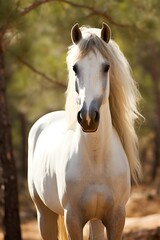 Obraz premium Portrait of beautiful white Andalusian horse on a natural green farm background, sunlight, AI Generated