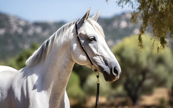 Portrait of beautiful Andalusian white horse on a natural green farm background, sunlight, AI Generated