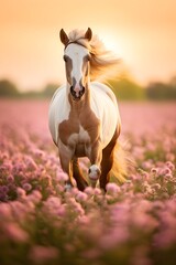 White, mustang horse portrait in pastel wild pink flowers field at sunrise light, running, AI...