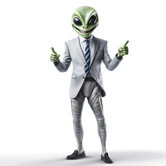 Realistic illustration alien businessman doing business on human planet on transparent background.