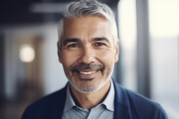 Naklejka premium Middle aged businessman of latin ethnicity smiling in a modern office