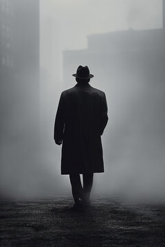 foggy alley with a mysterious private detective man walking away. 