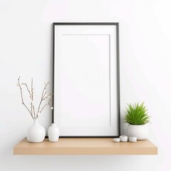 Blank vertical frame mockup on a white wall and interior decoration with plants. Created with generative AI