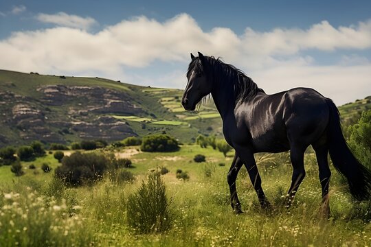 Portrait of beautiful Friesian horse on a natural green farm background, sunlight, golden hour, AI Generated