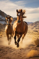 Obraz premium Two brown horses running gallop through the desert, AI Generated