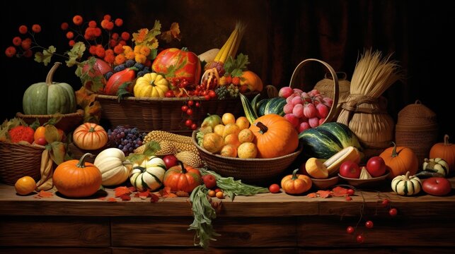 a painting of a bunch of fruits and vegetables on a table.  generative ai