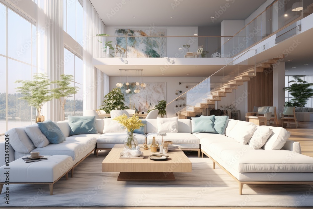 Poster a digital image created by a computer showing a mockup of modern and spacious living room with luxur