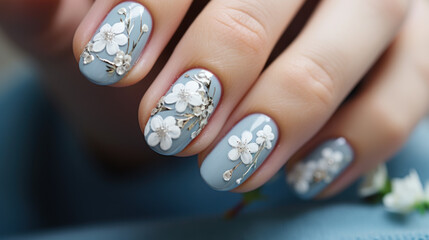 Beautiful female hands with manicure close-up, modern stylish nail design, generative ai