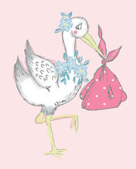 Vector print design of stork bringing baby for baby rooms bedding, room decorations.