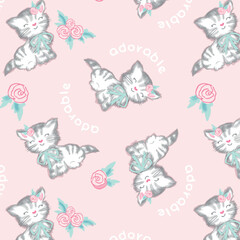 Cute kitten print design pattern for seamless bedding, clothes or rooms for baby girls.